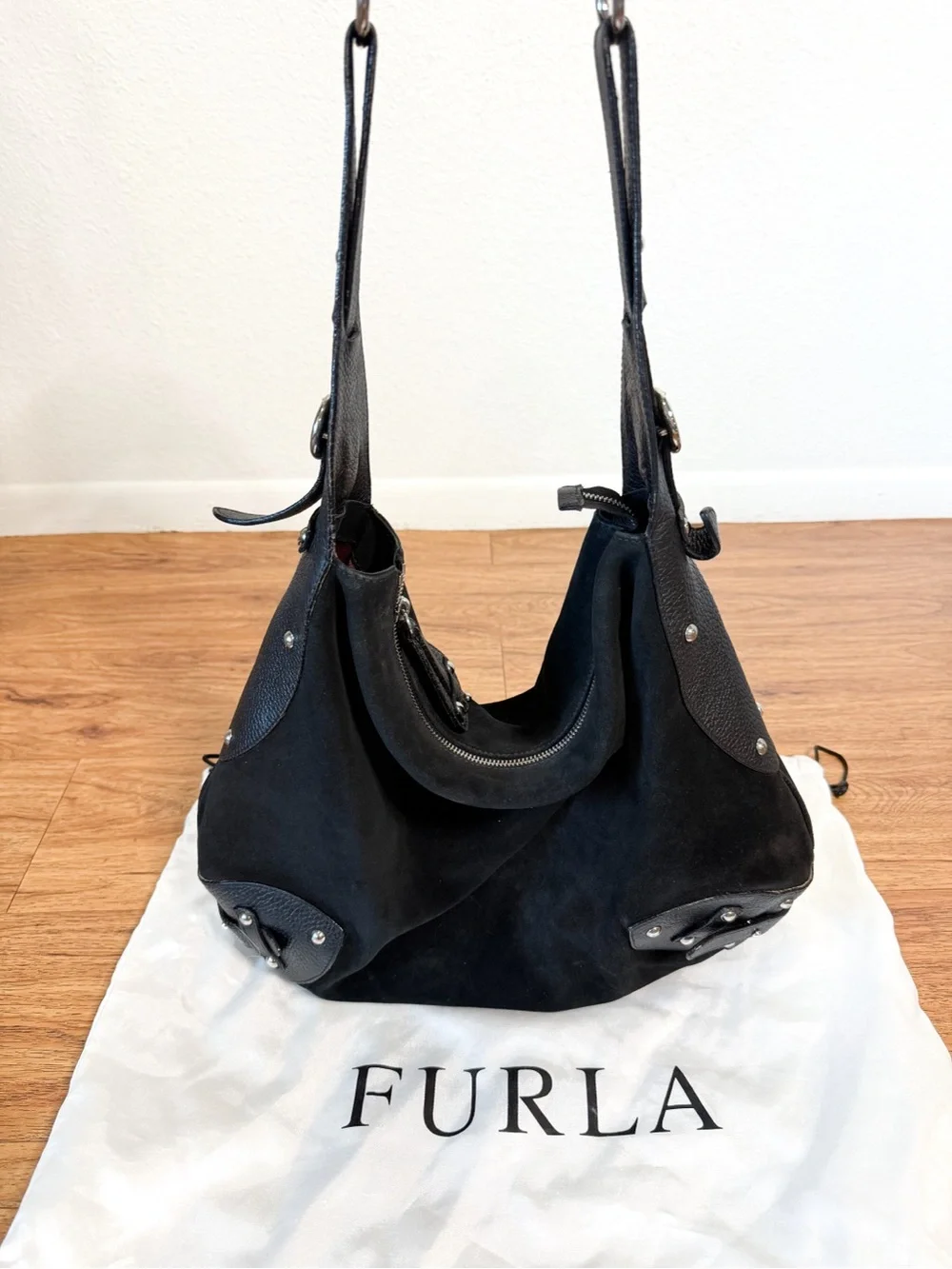 Vintage Furla Black Suede Leather Hobo Shoulder Bag Italy w/ Dust Bag